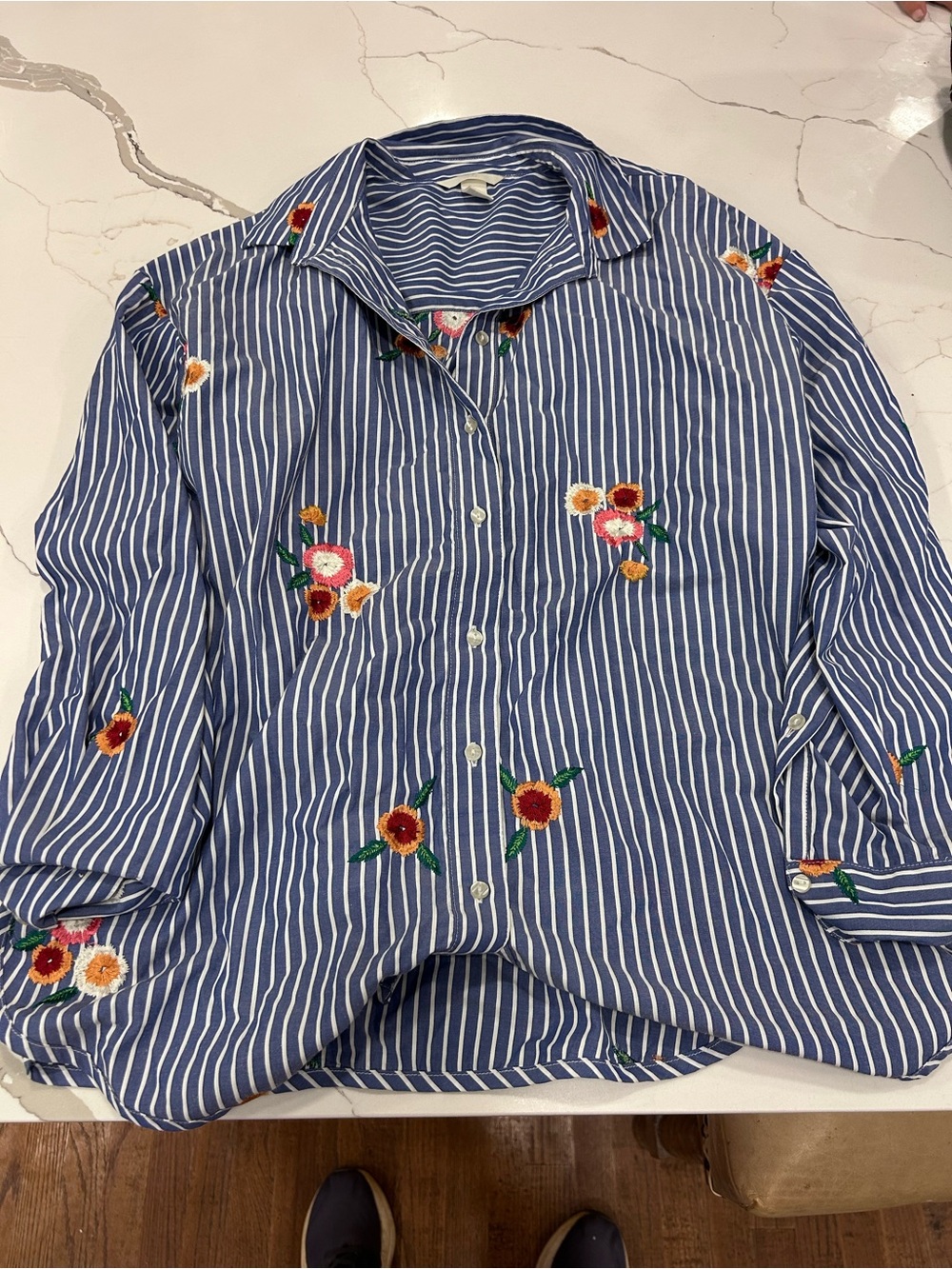 H&M Blue and White Striped Button-Down Shirt with Floral Embroidery